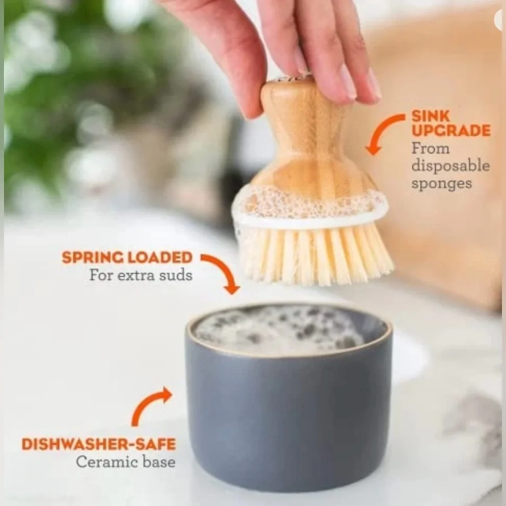 NEW Full Circle White/Tan  Bubble Up Soap Dispenser & Dish Brush Set